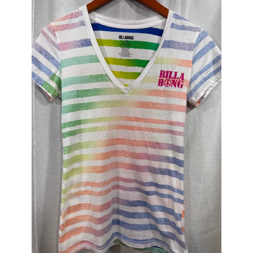 Billabong Womens Large‎ Rainbow Stripe V-Neck T-Shirt Peace Sign Logo Cotton Tee